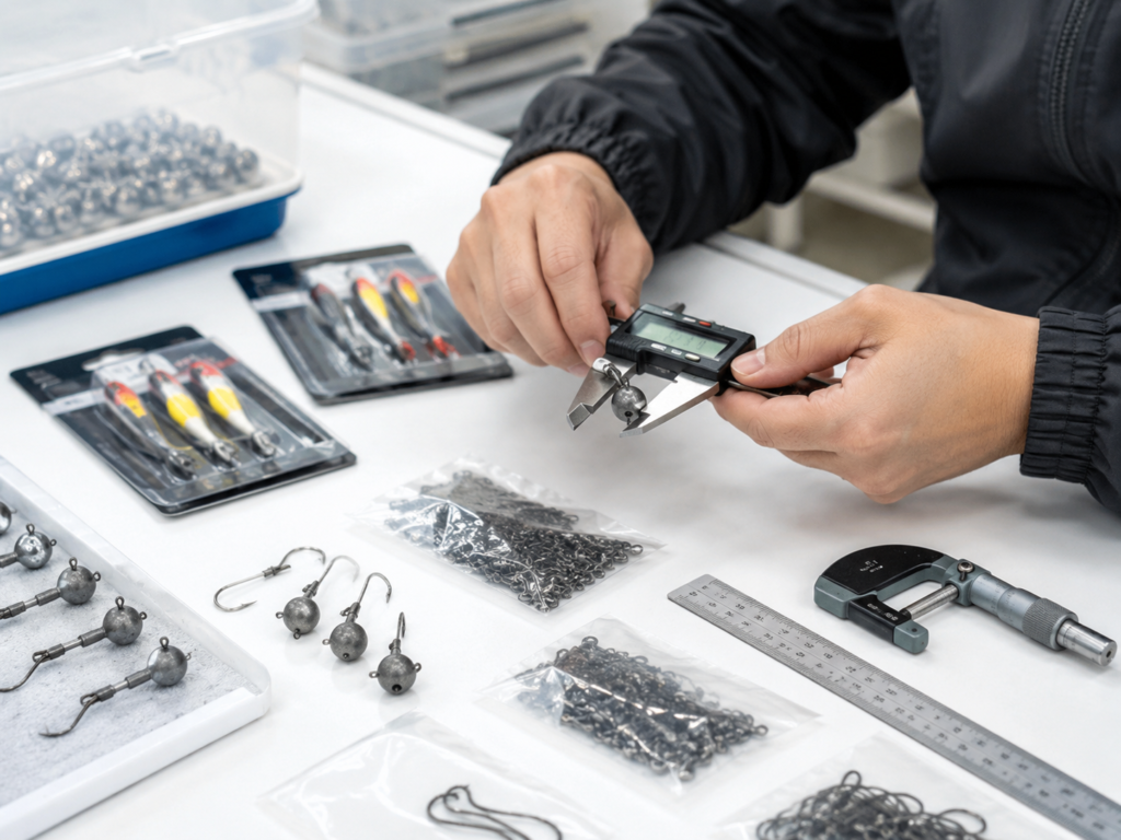 Qualitätskontrolle Angelzubehör mit Messschieber und OEM Produktmustern